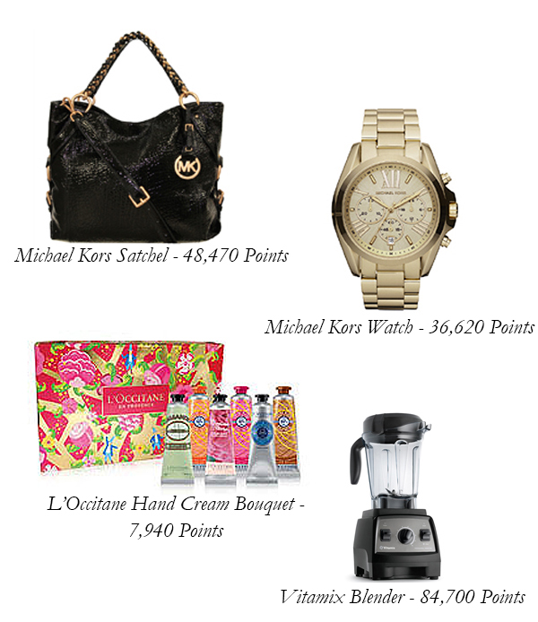 American Express Rewards with Points, Michael Kors Watch, L'Occitane Set, Vitamix Blender, Apple iPad, TV, Tumi Suitcase, Ray-Ban Aviators